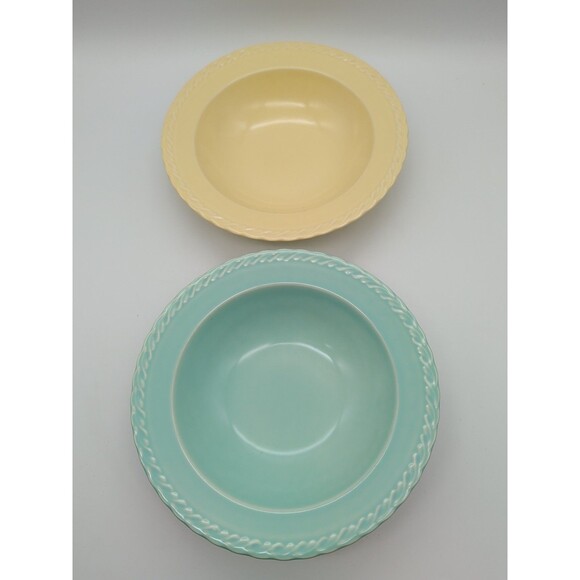 2 Vernon Kilns Native California Rimmed Soup Bowls Turquoise Yellow Pastel  Vtg - Picture 1 of 6